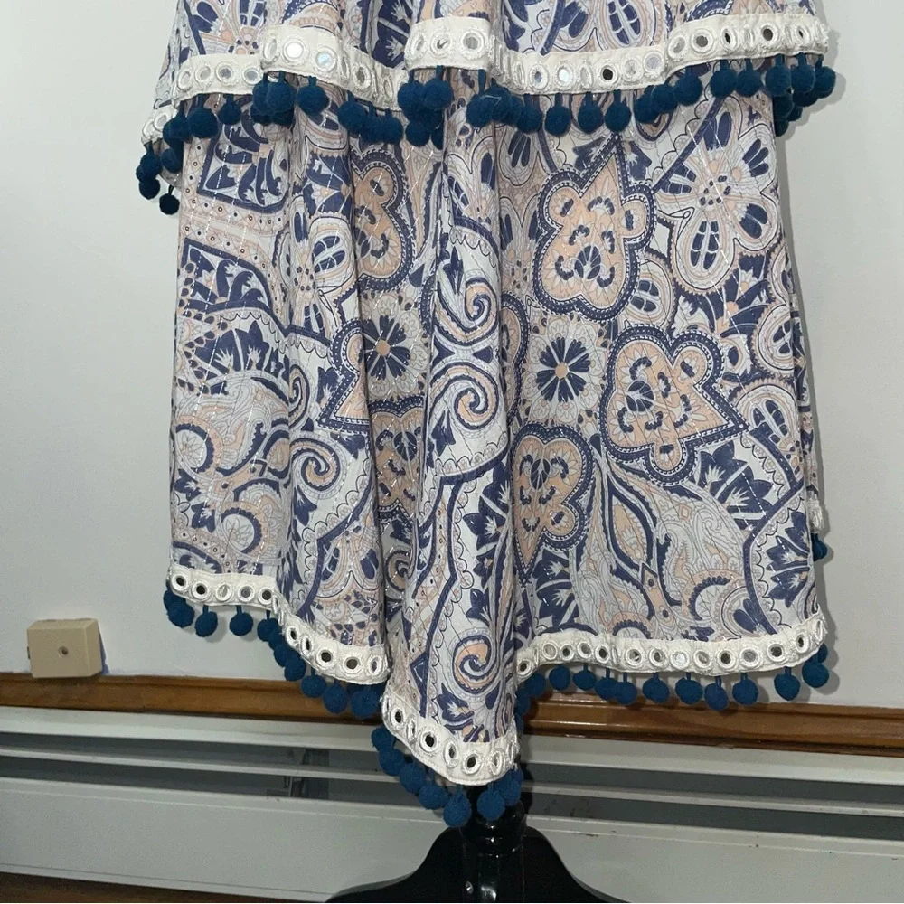 Tularosa Evolette Blue & White Paisley Pom-Pom Metallic Thread Mini Dress Size M - Picture 7 of 16